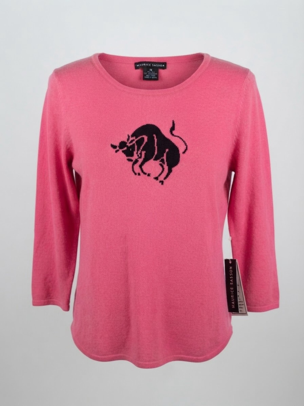 Maurice Sasson Silk Cashmere Pink Bull Taurus Intarsia Crewneck Sweater Medium